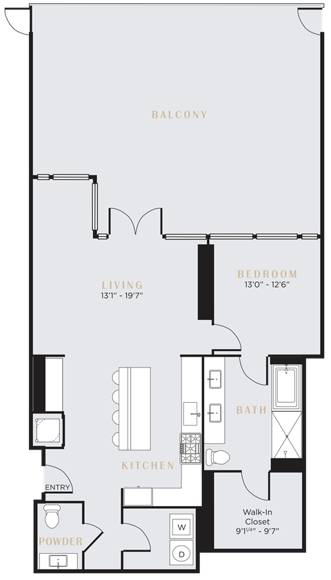 Floor plan for 1 bed, 1.5 baths, 1245 sqft
